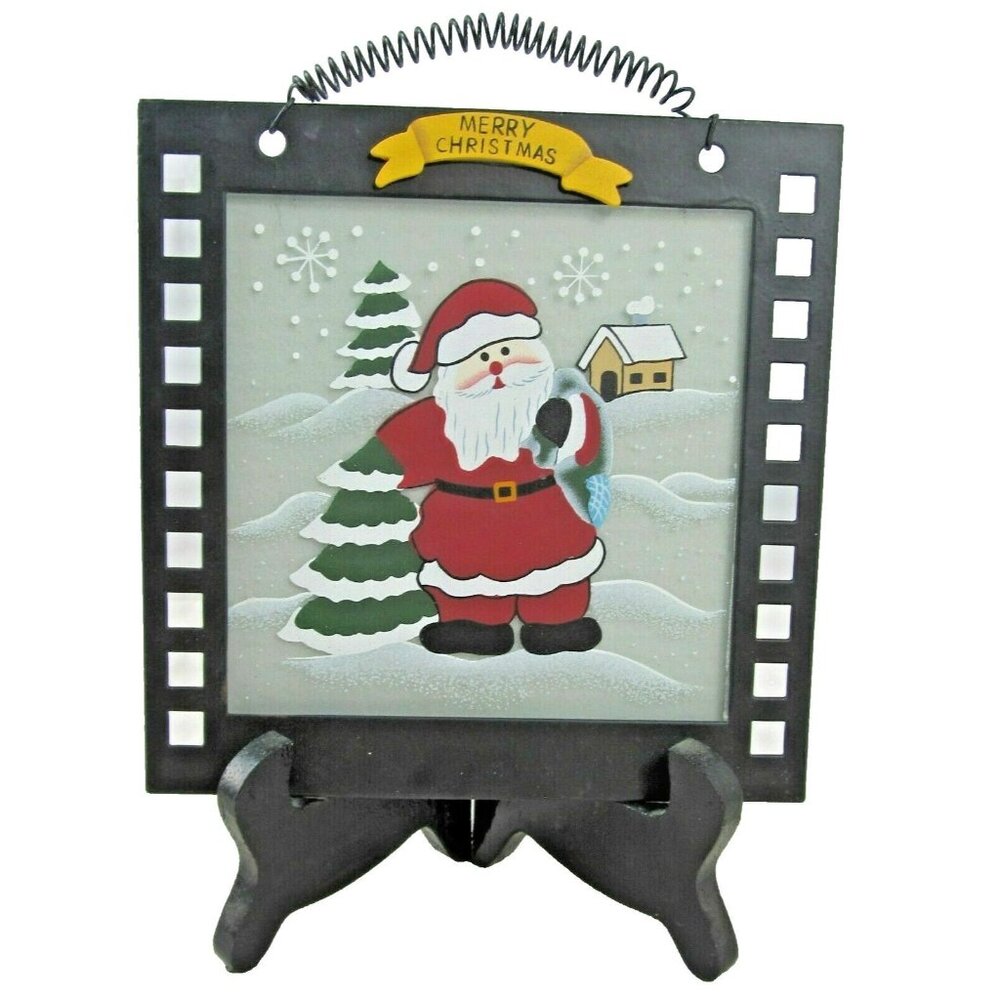 Santa with Tree Hanging Hand-Painted Glass Christmas Tile 4.5 x 4.5 inches